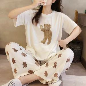 쉬블림로브 (반팔+긴바지) 여성 곰인형 캐릭터 체크 꿀잠 홈웨어 파자마 잠옷 세트 GG