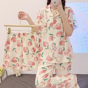 쉬블림로브 3피스(반팔+반바지+긴바지) 여성 홈웨어 복숭아 잠옷 세트 GGWD0416