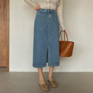 [시크릿라벨] 코튼앞트임뒷밴딩데님롱스커트