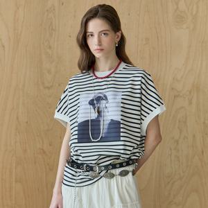[MAXZA] 진주장식 모노톤 프린트 스트라이프 반팔 티셔츠