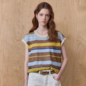 [MAXZA] 멀티 컬러 스트라이프 캡소매 니트