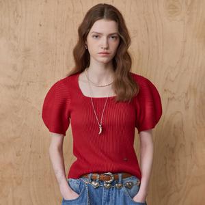 [MAXZA] 린넨혼방 스퀘어넥 퍼프소매 반팔 니트