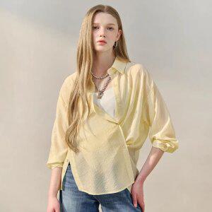 [MAXZA] 시어 스트라이프 사이드 버튼 루즈핏 셔츠