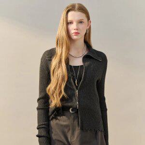 [MAXZA] 빈티지 데미지 하이넥 니트 집업