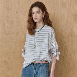 [MAXZA] 레이스 배색 리본소매 스트라이프  블라우스