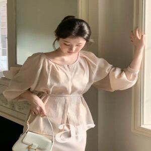 (MADE/프리미엄모달/벨트set) 리에르 벌룬 소매 셔링 벨트 블라우스 bs8592