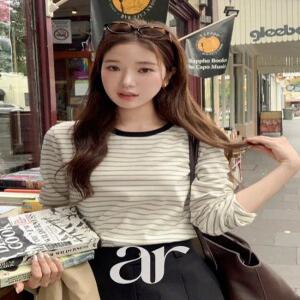 (MADE/코튼30수/포인트컬러티) Petite Note No25 헤밀리 배색 스트라이프 긴팔 티셔츠