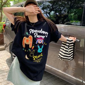 베스트 여성 반팔티 옷 오버핏 라운드넥 여름 티셔츠 여성면티 루즈핏 빅사이즈 오버핏