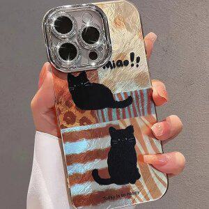 최신 귀여운 아이폰 케이스 블랙 냥이 웜컬러 패턴 / 핸드폰케이스 아이폰17 16 15 14