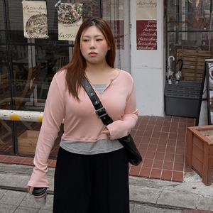 [제작/빅사이즈]이블렛 벨하유 레이어드 배색 버튼 티셔츠 제이스타일