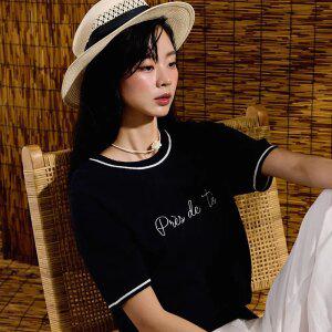 [체이스컬트] [3color] 여자 자수 반팔 니트