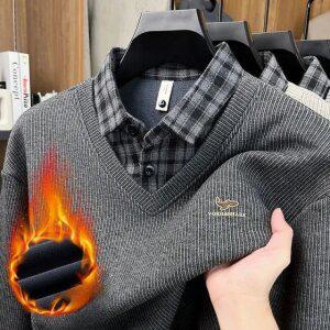 남성 겨울 빅사이즈 레이어드 이중 기모 카라 긴팔 티셔츠