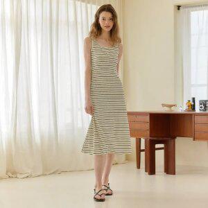 스트라이프 골지 민소매 롱 원피스 (TKOBF2564)