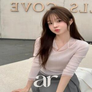 (블라우스티) 망사 카라 긴팔 티셔츠 여리여리핏 망사시스루 꾸안꾸룩 데이트룩 출근룩