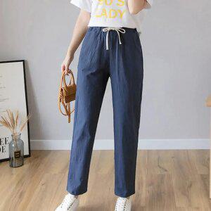 9부 코튼린넨 배기바지 여름 여성 고무줄 밴딩 면바지
