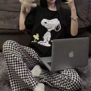 [1개+1개] 이지 체크 팬츠 홈웨어 파자마 이지 체크 여름 잠옷 반바지 밴딩팬츠 원피스