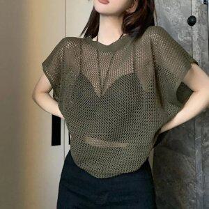 더벨러리 여성 그물 망사 가오리핏 니트 티셔츠 BCT1704 나시 휴양지 해변 비치룩