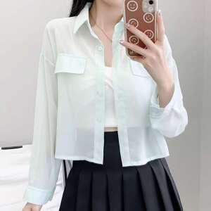 더벨러리 여성 시스루 크롭 셔츠 블라우스 BCB4914 숏 짧은 오피스룩 하객룩