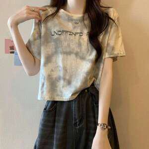 더벨러리 여성 피그먼트 워싱 반팔 티셔츠 BCT5022 물나염 레터링 캐주얼