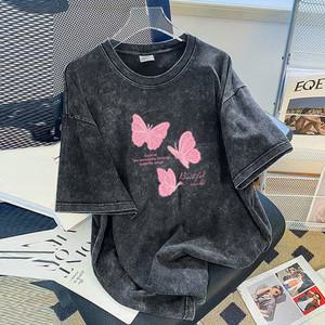 더벨러리 여성 나비 피그먼트 워싱 반팔 티셔츠 BCT5170 루즈핏 빈티지 프린팅 레터링