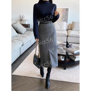 모직 스커트 H라인 라쿤 롱 밴딩 니트 하이웨스트