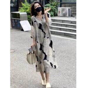 하체커버 나염 빅사이즈 엄마 여성 쉬폰 원피스 뱃살커버 루즈핏 브이넥 데일리 캐주