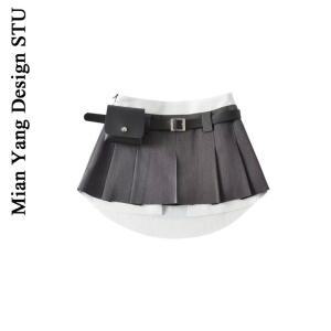 벨트 레이어드 베이지 스커트 미니 초미니스커트 플리츠
