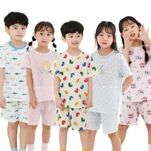 남아 여아 초등학생 반팔 반바지 면소재 자카드 여름 내복 5부 실내복