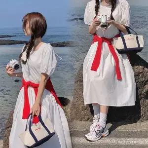 핫핑 오브유 스퀘어넥 백리본 퍼프반팔 롱원피스