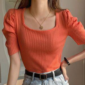 스퀘어넥 여자 여름 골지 반팔니트티 어깨셔링 슬림핏 보라색 오렌지 옐로우 아이보리 블랙