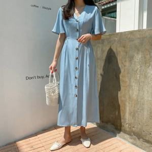 [시크릿라벨] 스모크밴딩브이넥반팔롱원피스