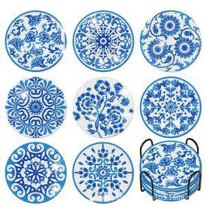 청화백자무늬 컵받침 보석십자수 8개 한세트 (샤이닝+원형) 아크릴