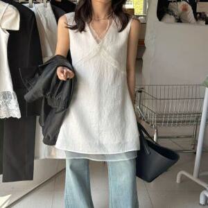 레이어드 뷔스티에 시스루 오간자 브이넥 레이스 쉬폰 나시 원피스 LS001