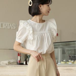 [빼빼] (S/M)자체제작 레이스 숄더 프릴 퍼프 반팔 블라우스