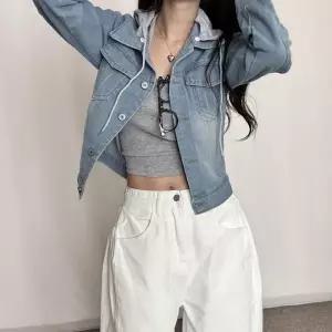 ONM 여자 2컬러 슬림핏 크롭 탈부착 후드 청 데님자켓