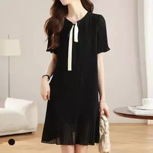 KARRA 쉬폰플리츠배색타이원피스_A5M0395