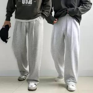 리얼타임 [헤비코튼 딥 원턱 와이드 스?팬츠] 남자 고중량 트레이닝 스웨트 벌룬핏 통 큰 넓은 회색 츄리닝 바지 커플 학생 [3C]