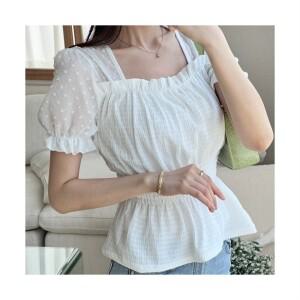 러브레터 여성 퍼프소매 허리밴딩 셔링 반팔 블라우