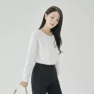 [더웨이나인]화이트 면접블라우스 여자면접복장 라운드넥 셔링 쉬폰 기본 상의 정장블라우스 여성남방 긴팔
