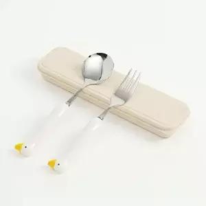 고품질 숟가락 포크 오리 세트 옐로우 귀여운수저 아이 키즈 선물 귀여운수저 어린이집 유치원 WFHS38G