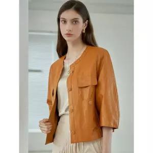 [하프클럽/]위클리 노카라 인조 가죽 세미 크롭 블루종 점퍼 ML10JK070FCY