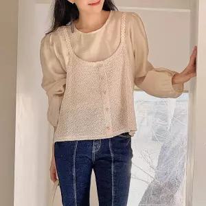 뷔스티에 블라우스 세트 퍼프 긴팔 라운드넥 여성 빅사이즈