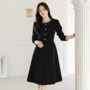 [시크라인] (~XXL까지) 브아 진주비즈 라운드넥 플레어 원피스 봄 가을 하객룩 오피스룩 모임룩 격식룩 빅사이즈