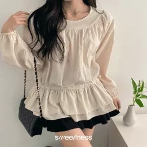 [여리여리/러블리] 쉬폰 리본 끈 캉캉 긴팔 롱 티쳐스 블라우스 2color