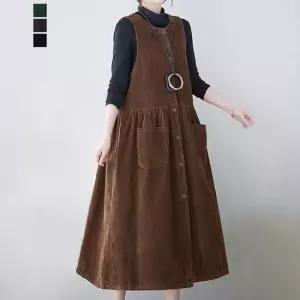 [퀸이즈] 베랄 빅사이즈 코듀로이 숄더끈 슬리브리스 롱원피스