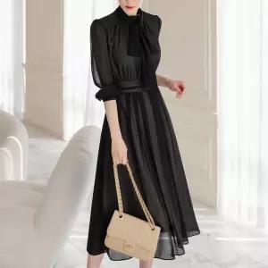 시크라인 ~XXL까지 토마 셔링 하이넥 쉬폰 플레어 원피스 봄 가을 하객룩 오피스룩 모임룩 격식룩 빅사이즈