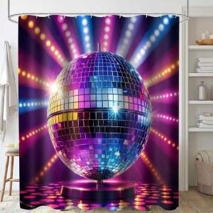 PAEOT 디스코 볼 샤워 커튼 빈티지 60년대 70년대 80년대 네온 뮤직 목욕 72x72 인치 세탁 가능 폴리에스터 나이트 클럽 테마 욕실 12 후크 YLOKPA1100