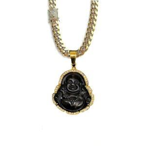 웃는 부처님 빅 블랙 그린 옥 아이스 다이아몬드 펜던트 목걸이 14k 골드 마이애미 쿠바 링크 8mm 변색 방지 체인 CZ 락 정품 인증 등급 옥석 수작업 치유 동상