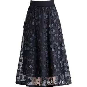 여자 봄 치마 입체 꽃망사 A라인 스커트 초여름 허리 밴딩 슬림핏 블랙 우산 원픽1