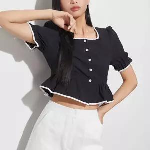 [미쏘] 배색 페플럼 블라우스 (MIWBWD802G-T)